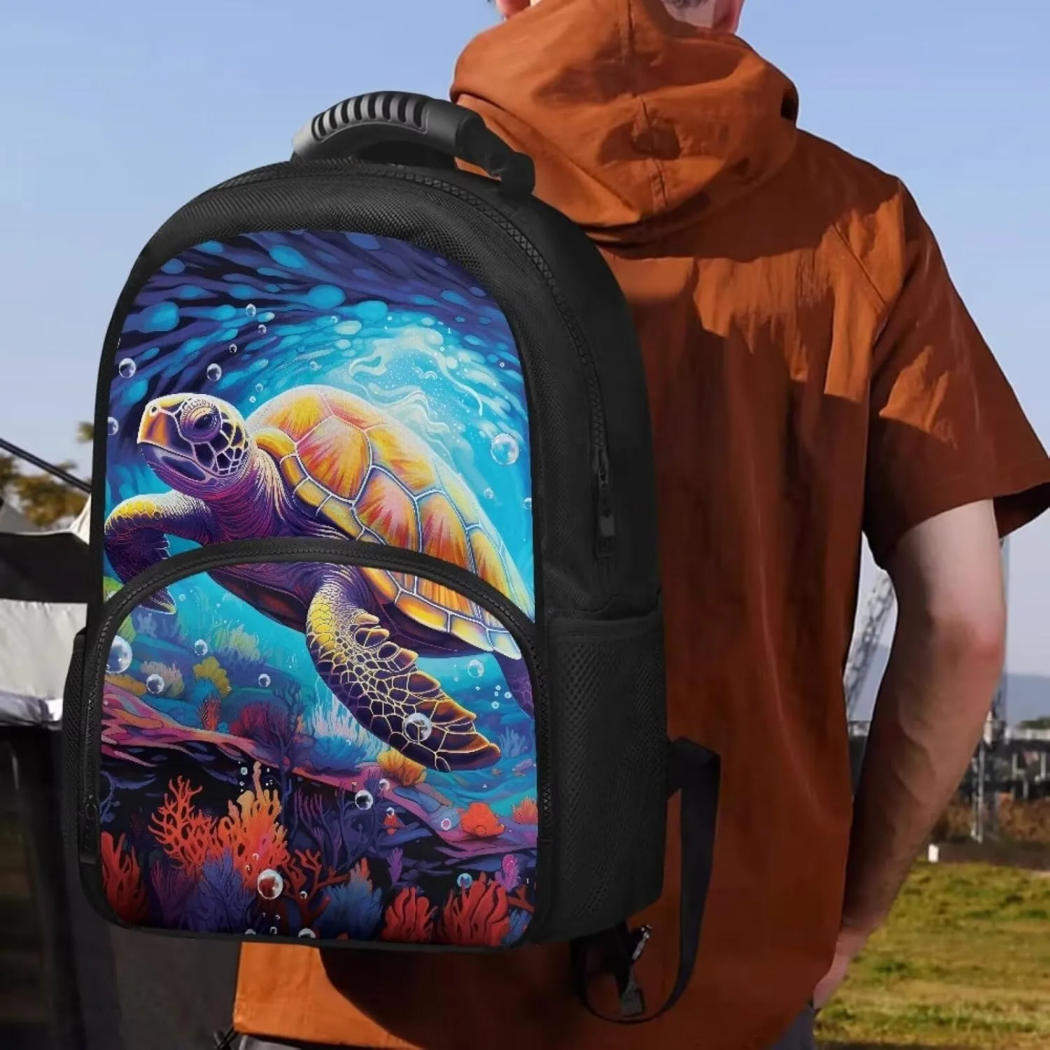 COEQINE Sea Turtle Water Lunch Backpack Travel Beach Backpack With Lunch Compartment Insualted Lunch Backpack for Women Cool Animal Bookbag With Water Bottle Holder