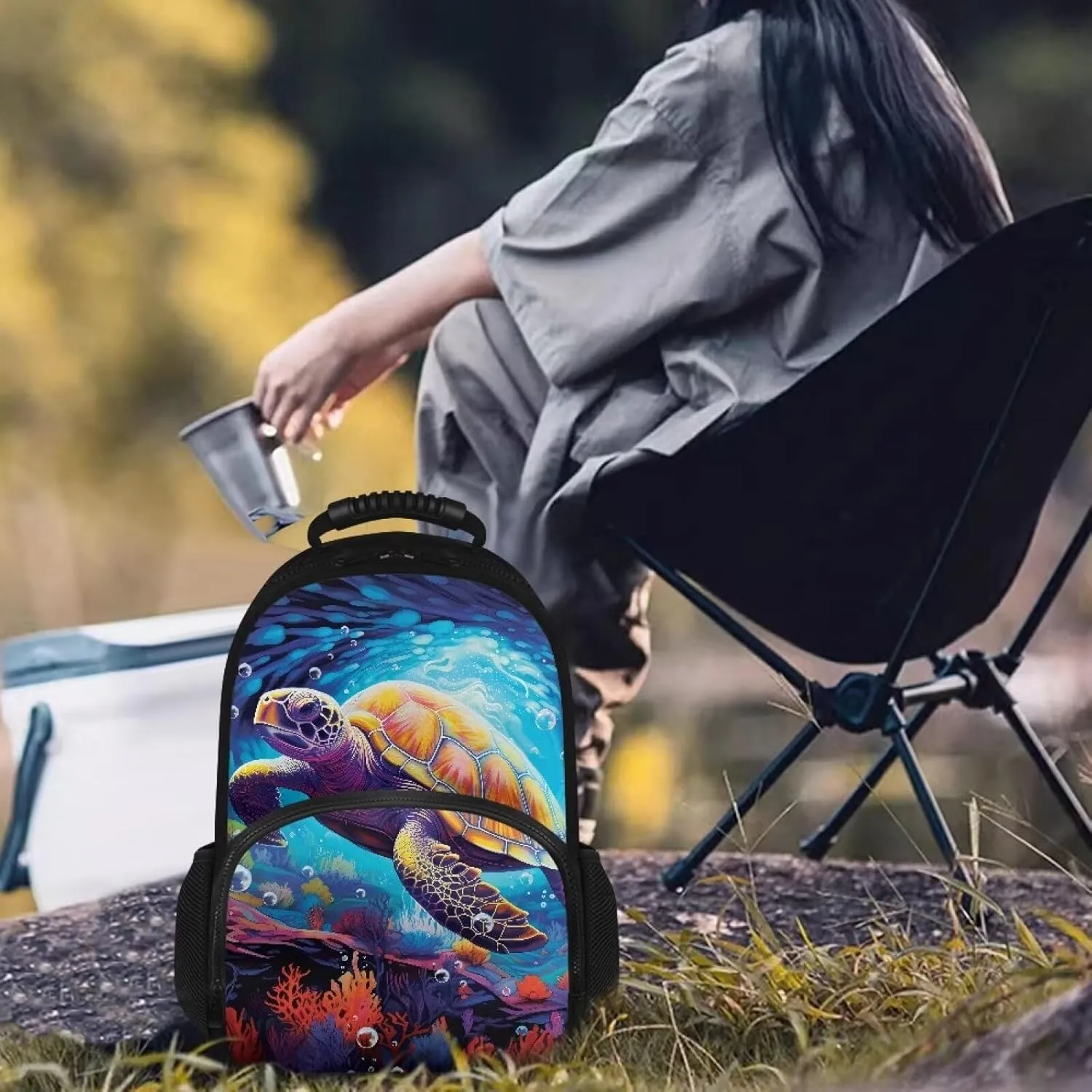 COEQINE Sea Turtle Water Lunch Backpack Travel Beach Backpack With Lunch Compartment Insualted Lunch Backpack for Women Cool Animal Bookbag With Water Bottle Holder