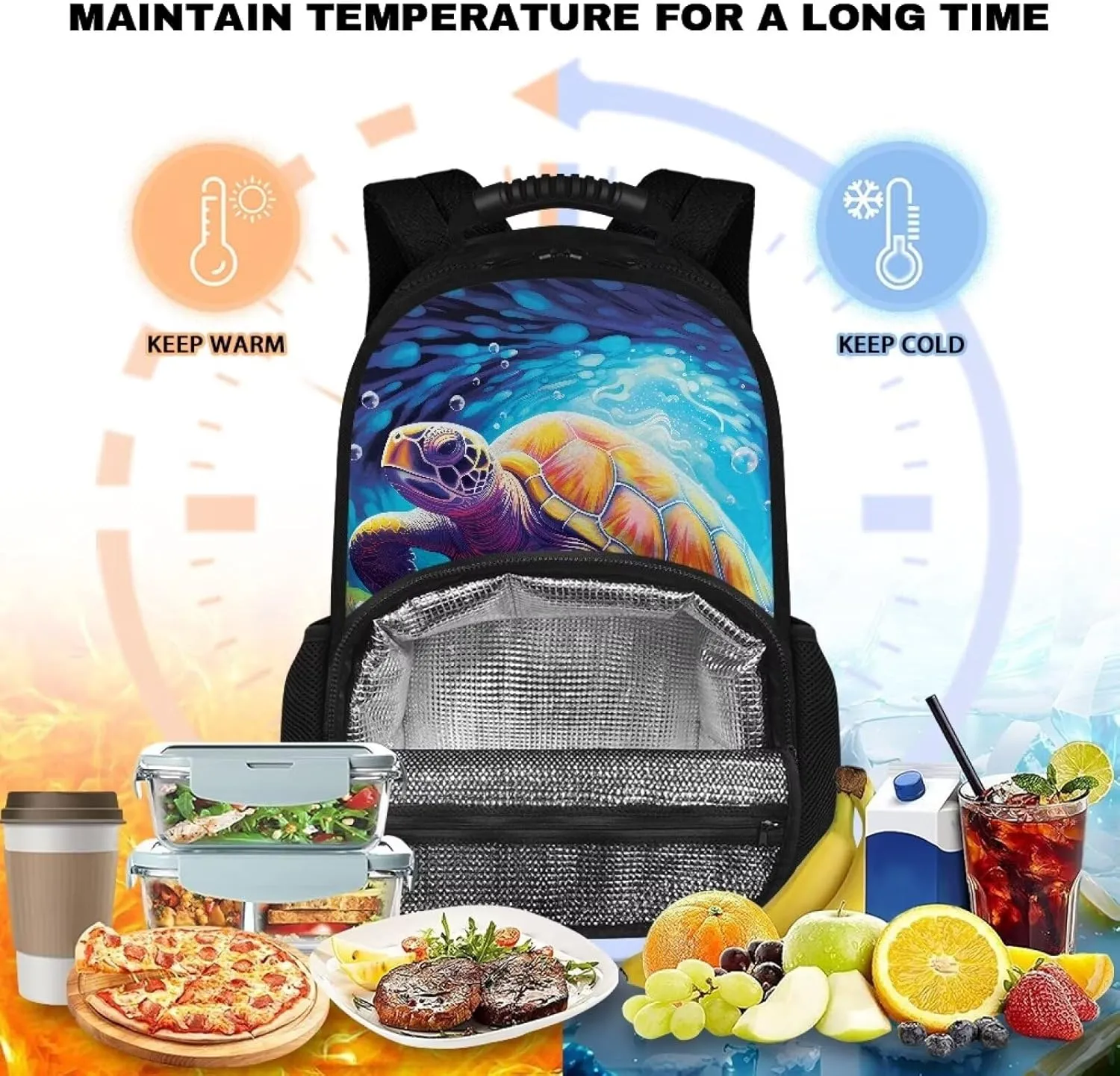 COEQINE Sea Turtle Water Lunch Backpack Travel Beach Backpack With Lunch Compartment Insualted Lunch Backpack for Women Cool Animal Bookbag With Water Bottle Holder