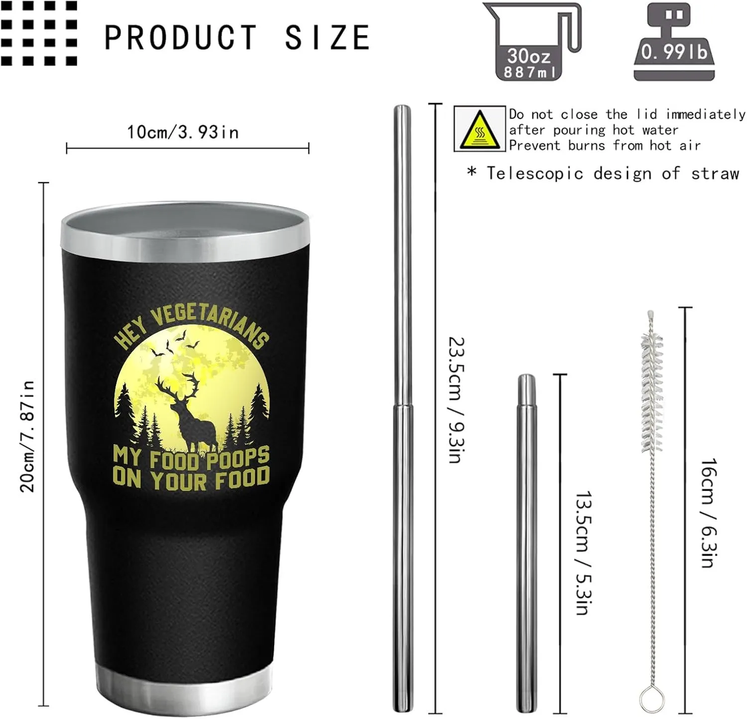 Coffee Tumbler Personalized Tumbler Hey Vegetarians, My Food Poops On Your Food Tumbler Insulated for Hot and Cold Stainless Tumbler with Lids and Straws Birthday Gift for Dad for Home