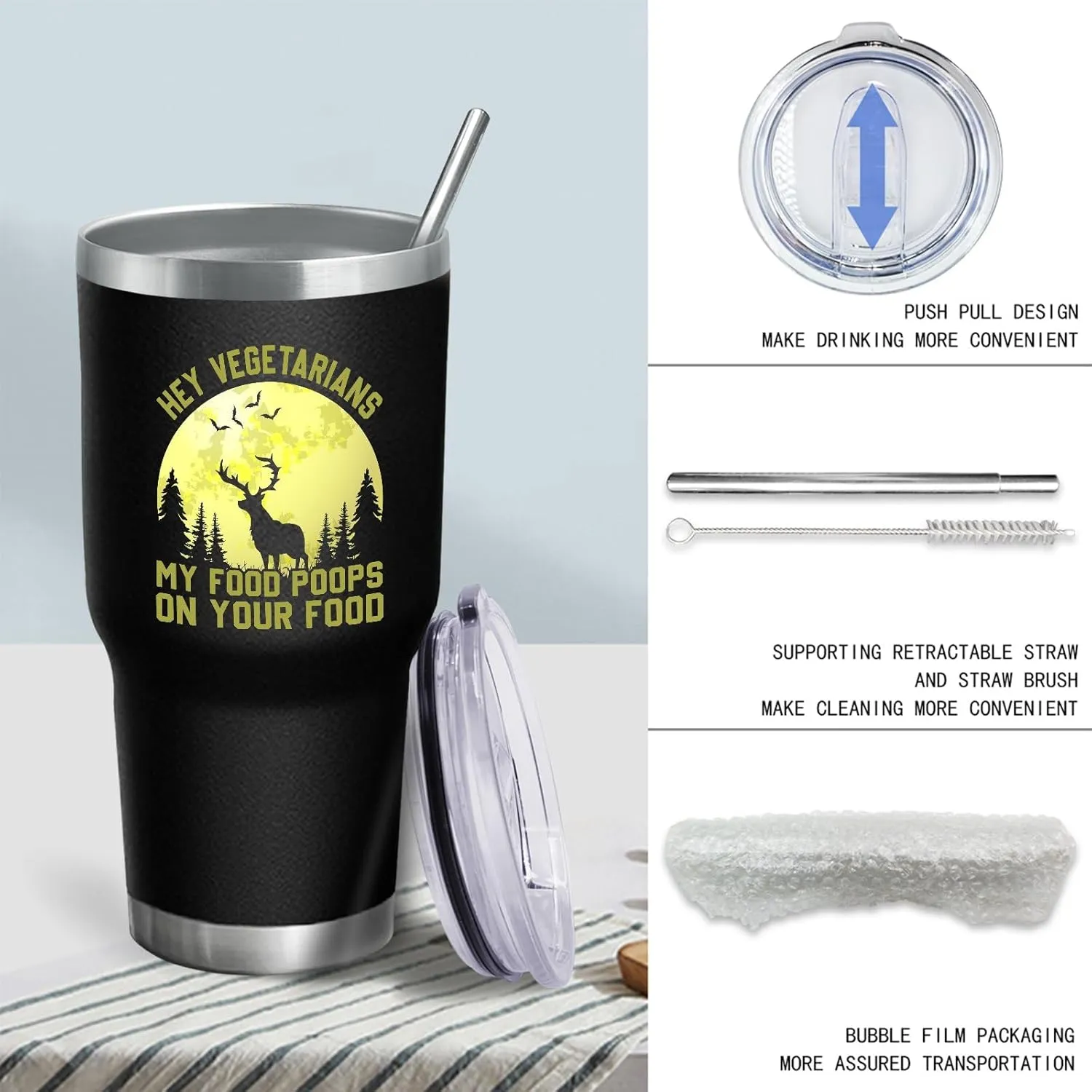 Coffee Tumbler Personalized Tumbler Hey Vegetarians, My Food Poops On Your Food Tumbler Insulated for Hot and Cold Stainless Tumbler with Lids and Straws Birthday Gift for Dad for Home