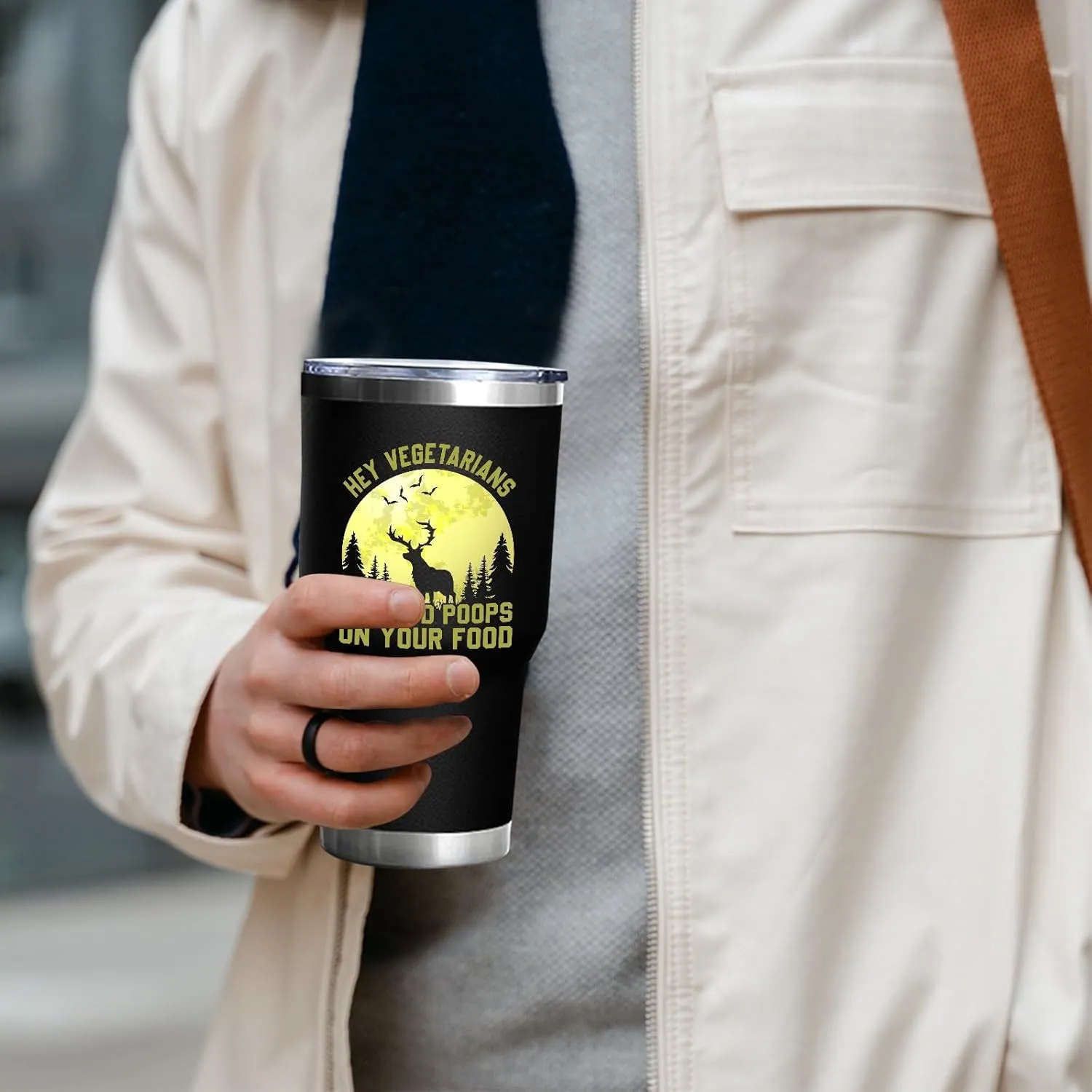 Coffee Tumbler Personalized Tumbler Hey Vegetarians, My Food Poops On Your Food Tumbler Insulated for Hot and Cold Stainless Tumbler with Lids and Straws Birthday Gift for Dad for Home