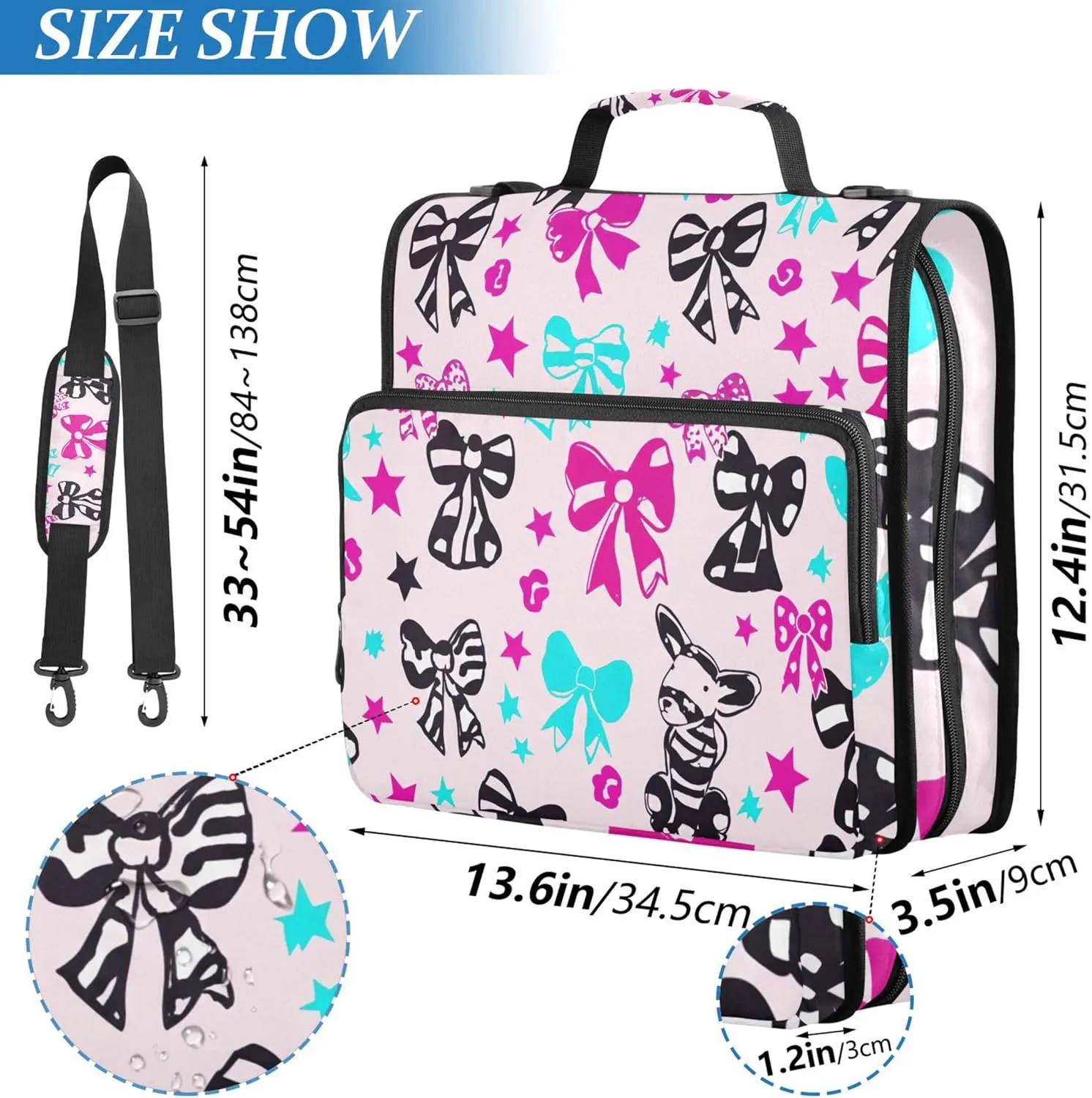 Colorful Bows Stars Zipper Binder Organizer 1 1/2 Inch 3 Ring Binders D Ring School Binders Bag with Shoulder Strap Storage Portfolio Case with Handle