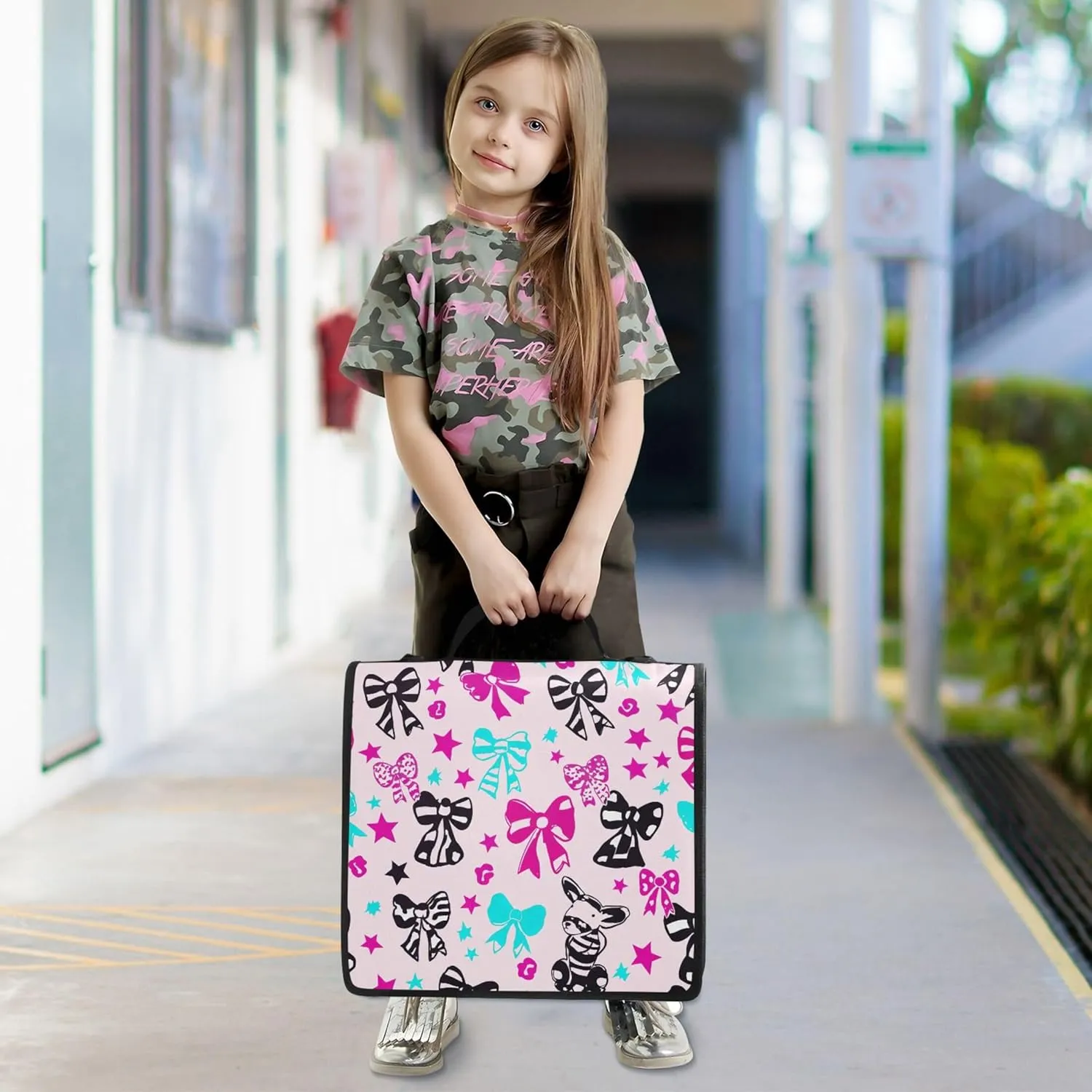 Colorful Bows Stars Zipper Binder Organizer 1 1/2 Inch 3 Ring Binders D Ring School Binders Bag with Shoulder Strap Storage Portfolio Case with Handle