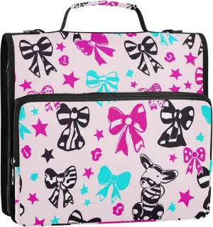 Colorful Bows Stars Zipper Binder Organizer 1 1/2 Inch 3 Ring Binders D Ring School Binders Bag with Shoulder Strap Storage Portfolio Case with Handle