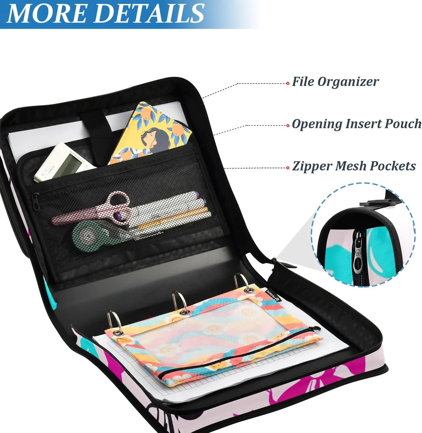 Colorful Bows Stars Zipper Binder Organizer 1 1/2 Inch 3 Ring Binders D Ring School Binders Bag with Shoulder Strap Storage Portfolio Case with Handle