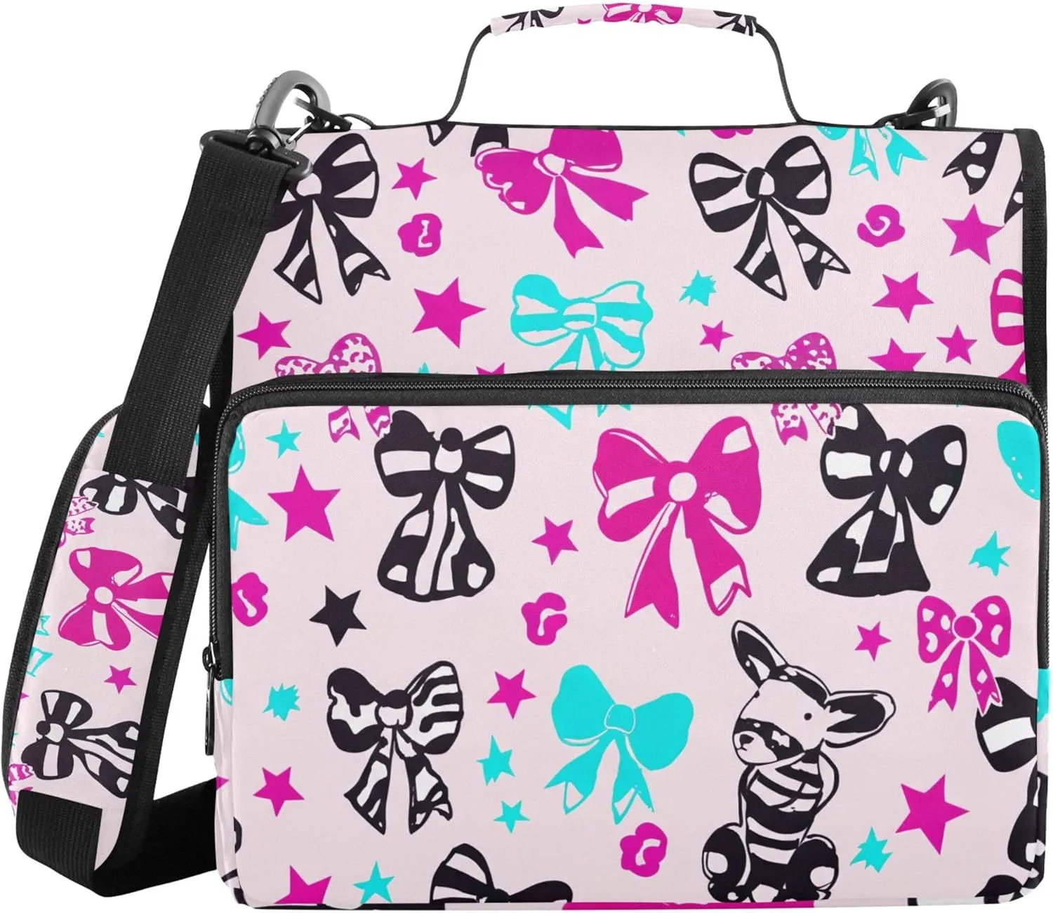 Colorful Bows Stars Zipper Binder Organizer 1 1/2 Inch 3 Ring Binders D Ring School Binders Bag with Shoulder Strap Storage Portfolio Case with Handle