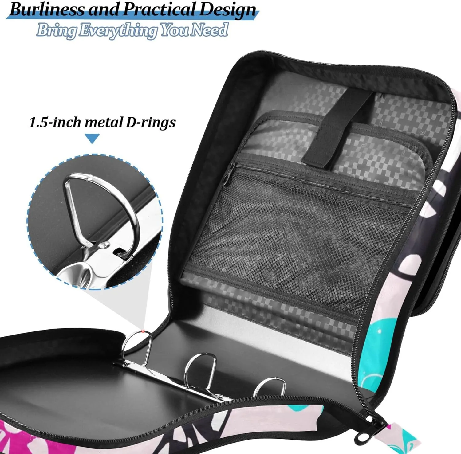 Colorful Bows Stars Zipper Binder Organizer 1 1/2 Inch 3 Ring Binders D Ring School Binders Bag with Shoulder Strap Storage Portfolio Case with Handle