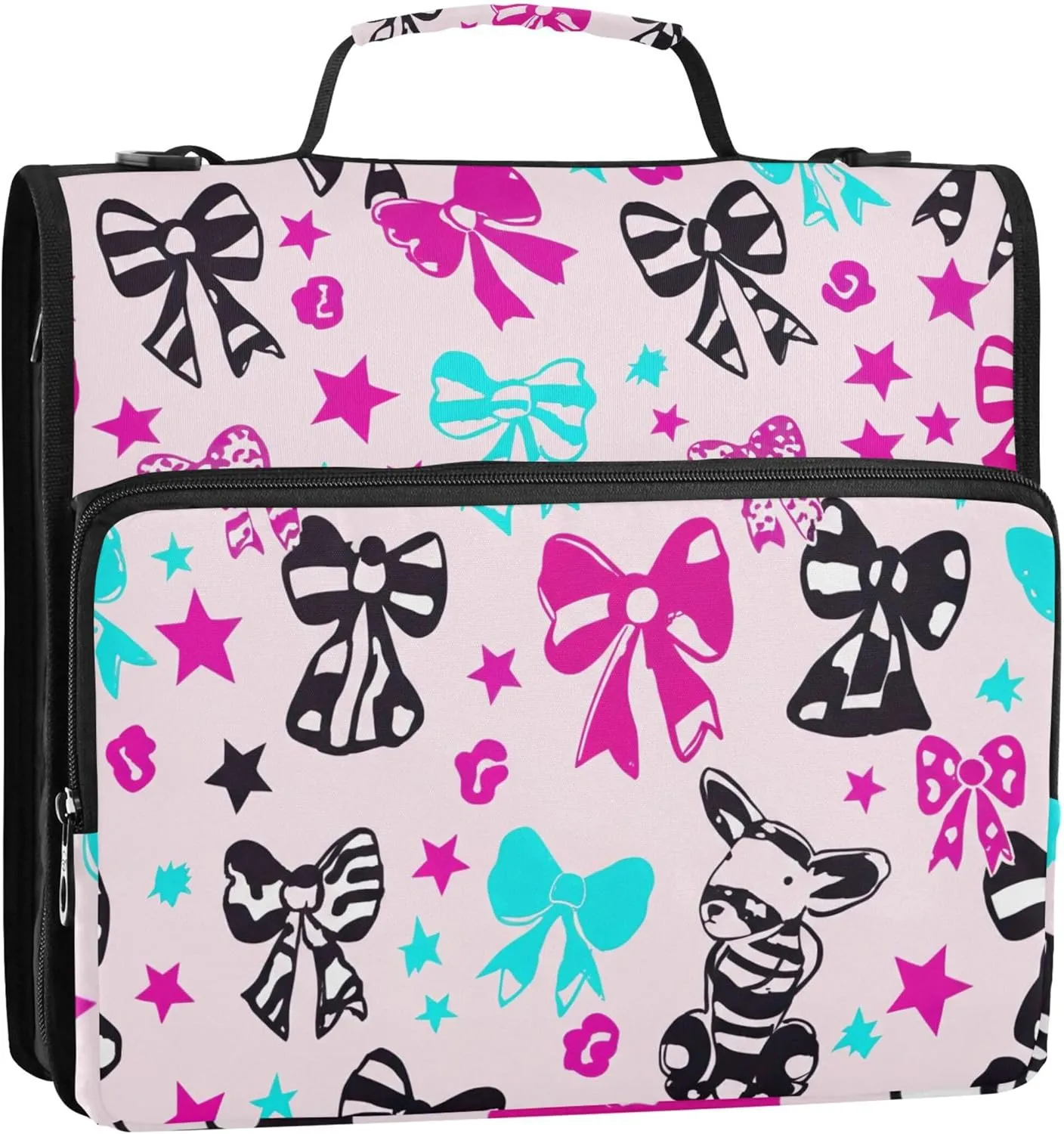 Colorful Bows Stars Zipper Binder Organizer 1 1/2 Inch 3 Ring Binders D Ring School Binders Bag with Shoulder Strap Storage Portfolio Case with Handle