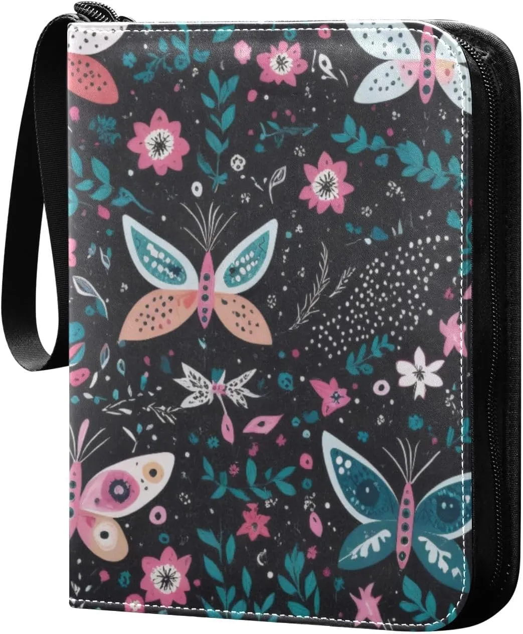 Colorful Butterfly Flower Art Card Binder 4-Pockets, 400 Pockets Card Holder with 50 Removable Sleeves, Trading Card Collector Zipper Album Holder, Collector Album