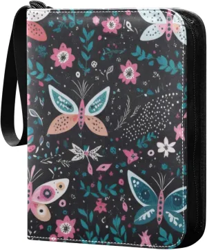 Colorful Butterfly Flower Art Card Binder 4-Pockets, 400 Pockets Card Holder with 50 Removable Sleeves, Trading Card Collector Zipper Album Holder, Collector Album