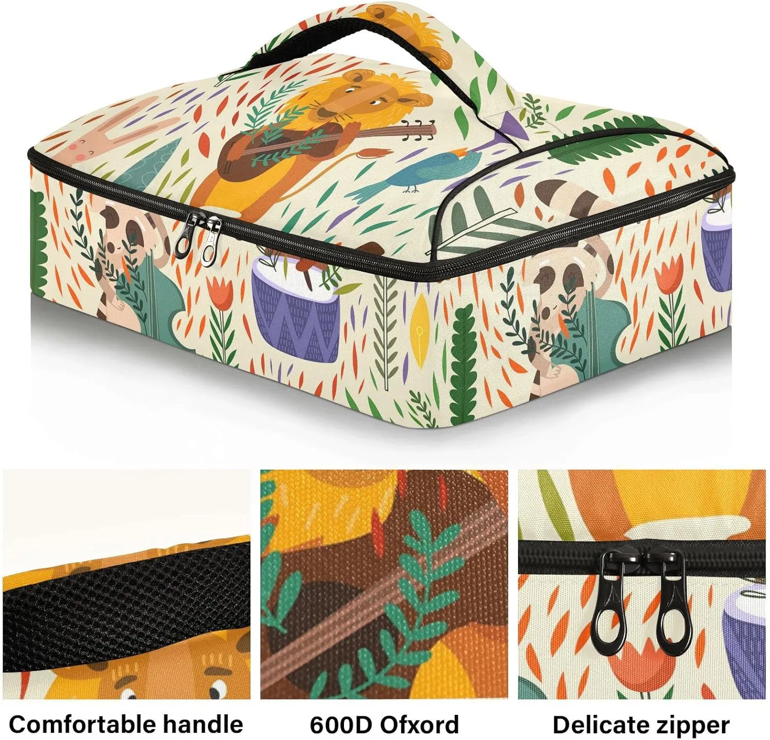 Colorful Cartoon Raccoon Lion Bear Hare Foxes Reusable Insulated Pizza Bag, Waterproof Food Delivery Bag, with Handle Lid Leakproof Pizza Holder Tote for Hot or Cold Food