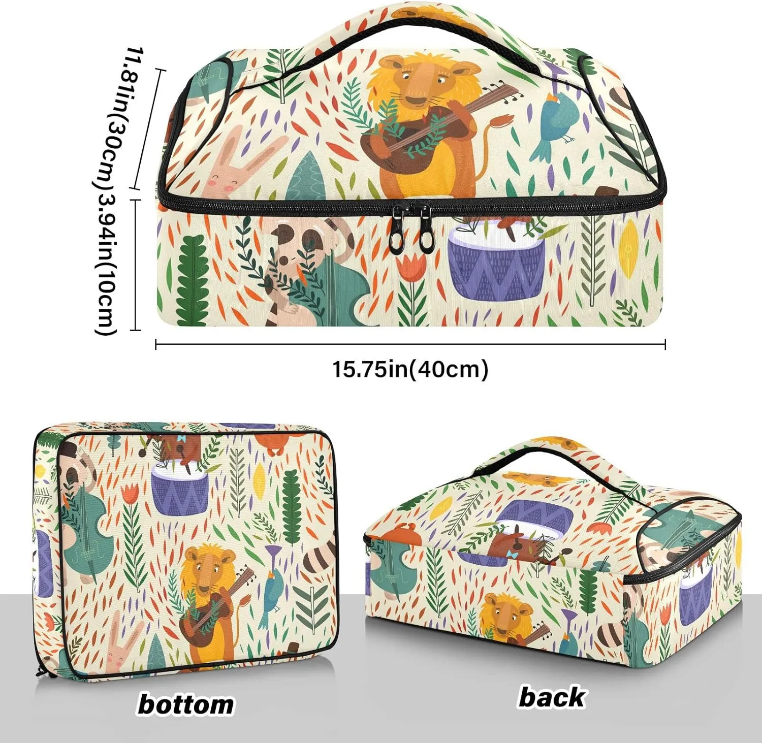 Colorful Cartoon Raccoon Lion Bear Hare Foxes Reusable Insulated Pizza Bag, Waterproof Food Delivery Bag, with Handle Lid Leakproof Pizza Holder Tote for Hot or Cold Food