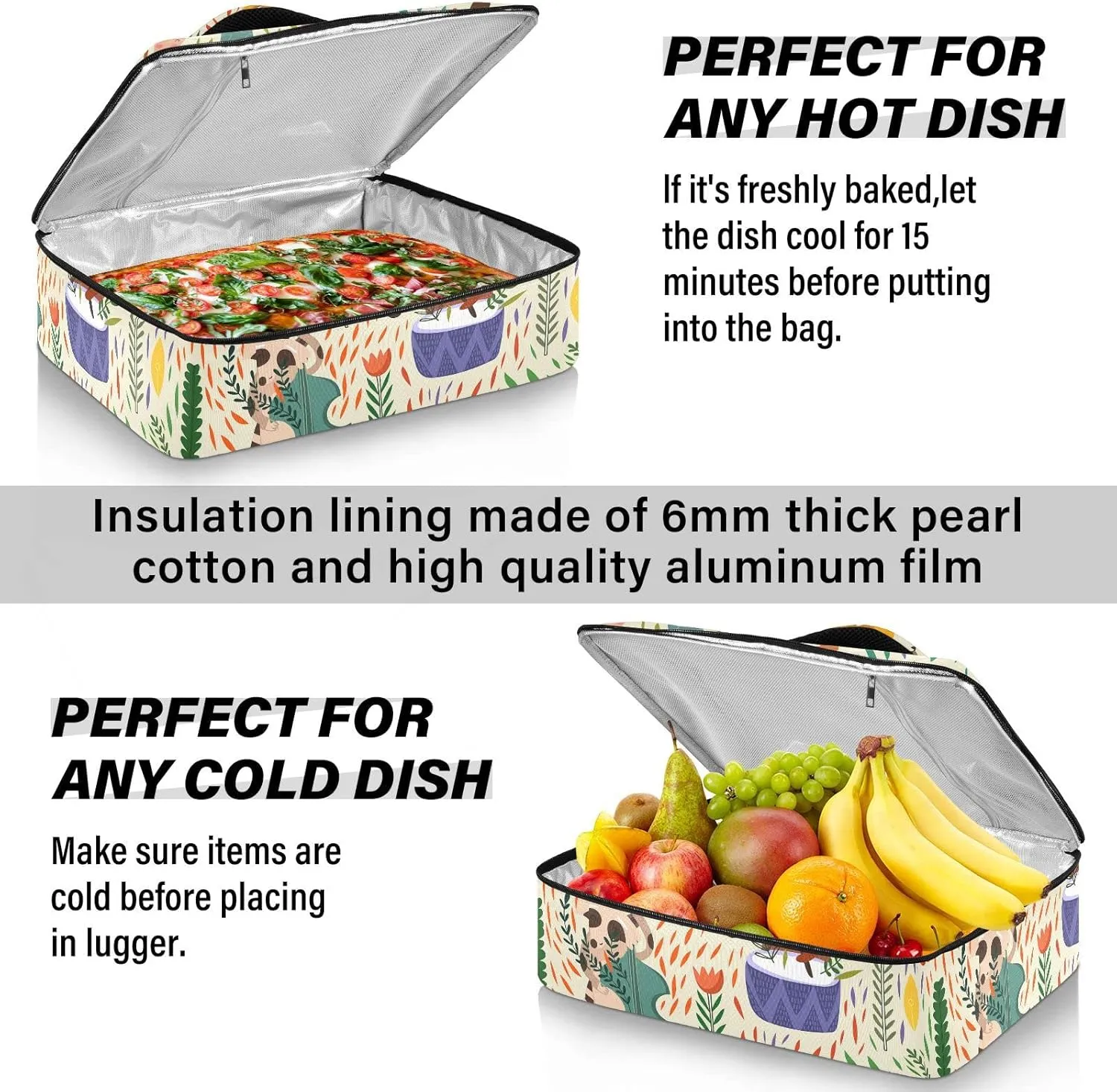 Colorful Cartoon Raccoon Lion Bear Hare Foxes Reusable Insulated Pizza Bag, Waterproof Food Delivery Bag, with Handle Lid Leakproof Pizza Holder Tote for Hot or Cold Food