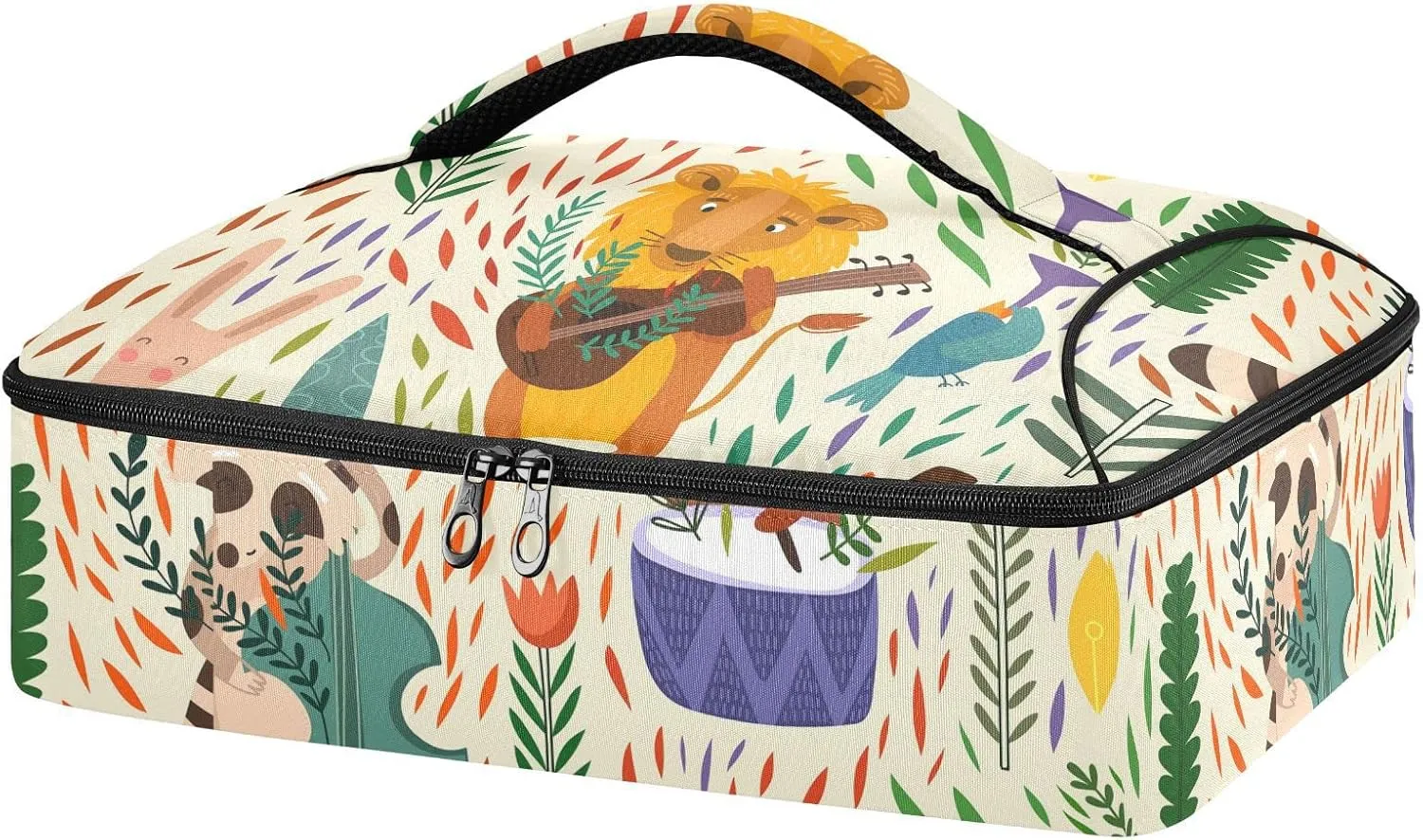 Colorful Cartoon Raccoon Lion Bear Hare Foxes Reusable Insulated Pizza Bag, Waterproof Food Delivery Bag, with Handle Lid Leakproof Pizza Holder Tote for Hot or Cold Food
