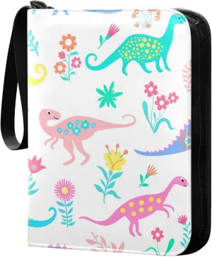 Colorful Dinosaurs Card Binder for Trading Cards, 4 Pocket with 50 Sleeves up to 400 Cards, Double Sided Pockets Card Holder Carry Case for Baseball Card, Football Card, Gaming Cards