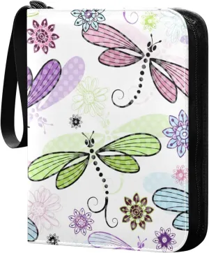 Colorful Dragonflies Card Binder for Trading Cards, 4 Pocket with 50 Sleeves up to 400 Cards, Double Sided Pockets Card Holder Carry Case for Baseball Card, Football Card, Gaming Cards