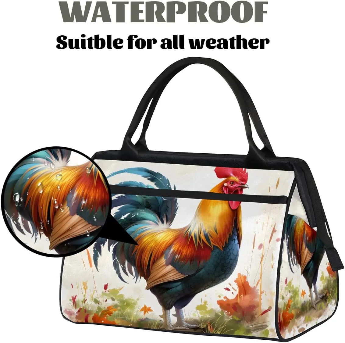 Colorful Flower Animal Rooster Weekender Overnight Bag for Women Waterproof Carry On Travel Duffle Bags with Pocket Lightweight Sports Gym Tote Bag Large Luggage Workout Personal Item Hospital Bags