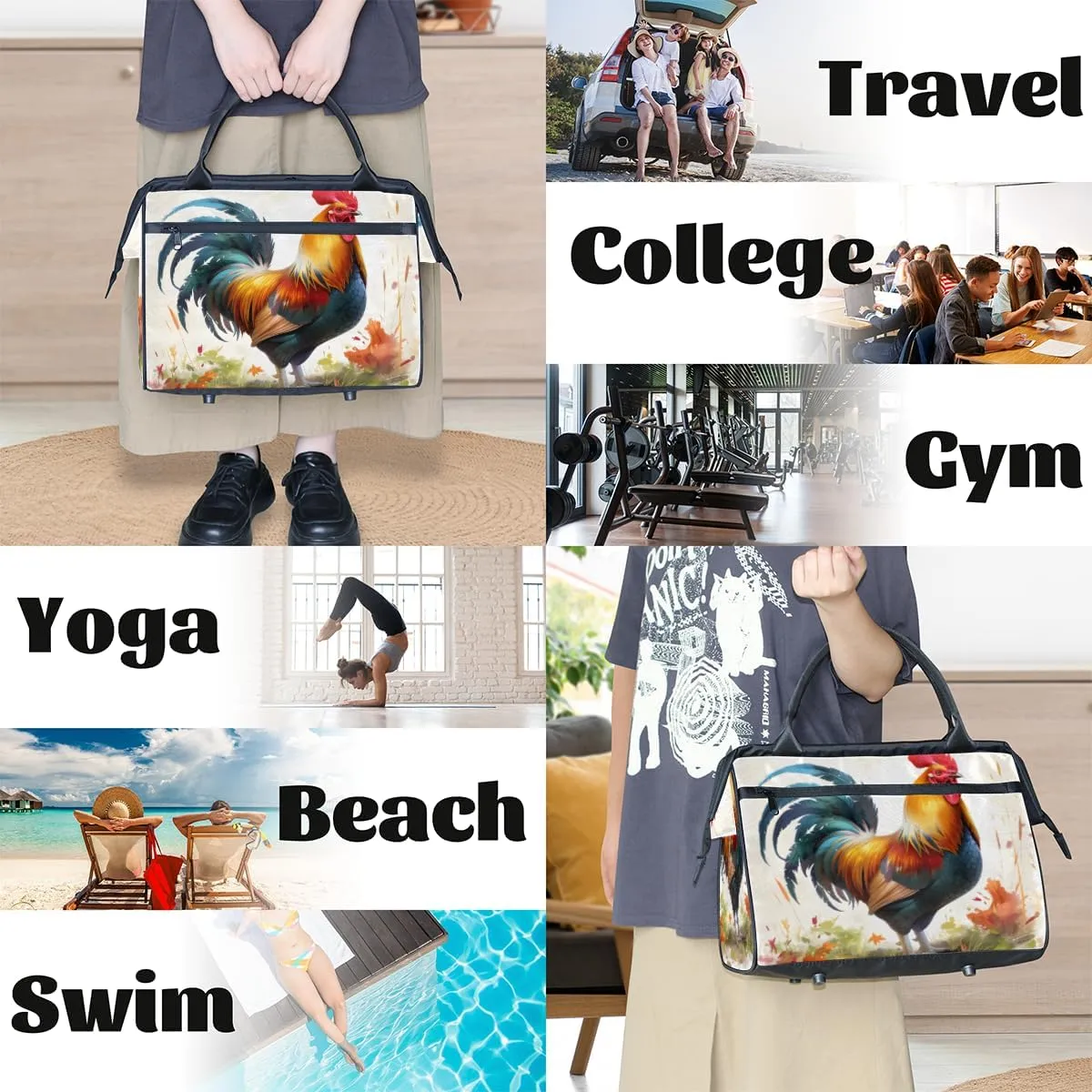 Colorful Flower Animal Rooster Weekender Overnight Bag for Women Waterproof Carry On Travel Duffle Bags with Pocket Lightweight Sports Gym Tote Bag Large Luggage Workout Personal Item Hospital Bags