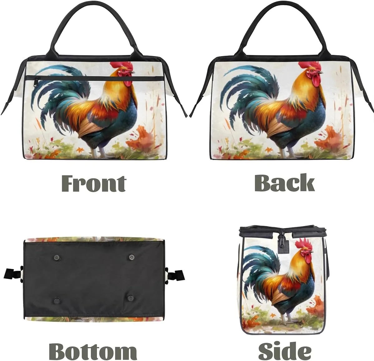 Colorful Flower Animal Rooster Weekender Overnight Bag for Women Waterproof Carry On Travel Duffle Bags with Pocket Lightweight Sports Gym Tote Bag Large Luggage Workout Personal Item Hospital Bags