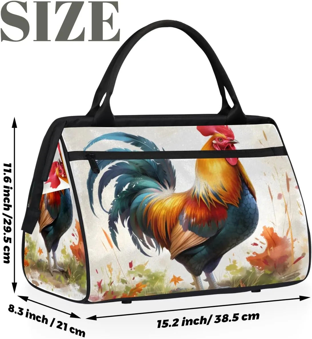 Colorful Flower Animal Rooster Weekender Overnight Bag for Women Waterproof Carry On Travel Duffle Bags with Pocket Lightweight Sports Gym Tote Bag Large Luggage Workout Personal Item Hospital Bags