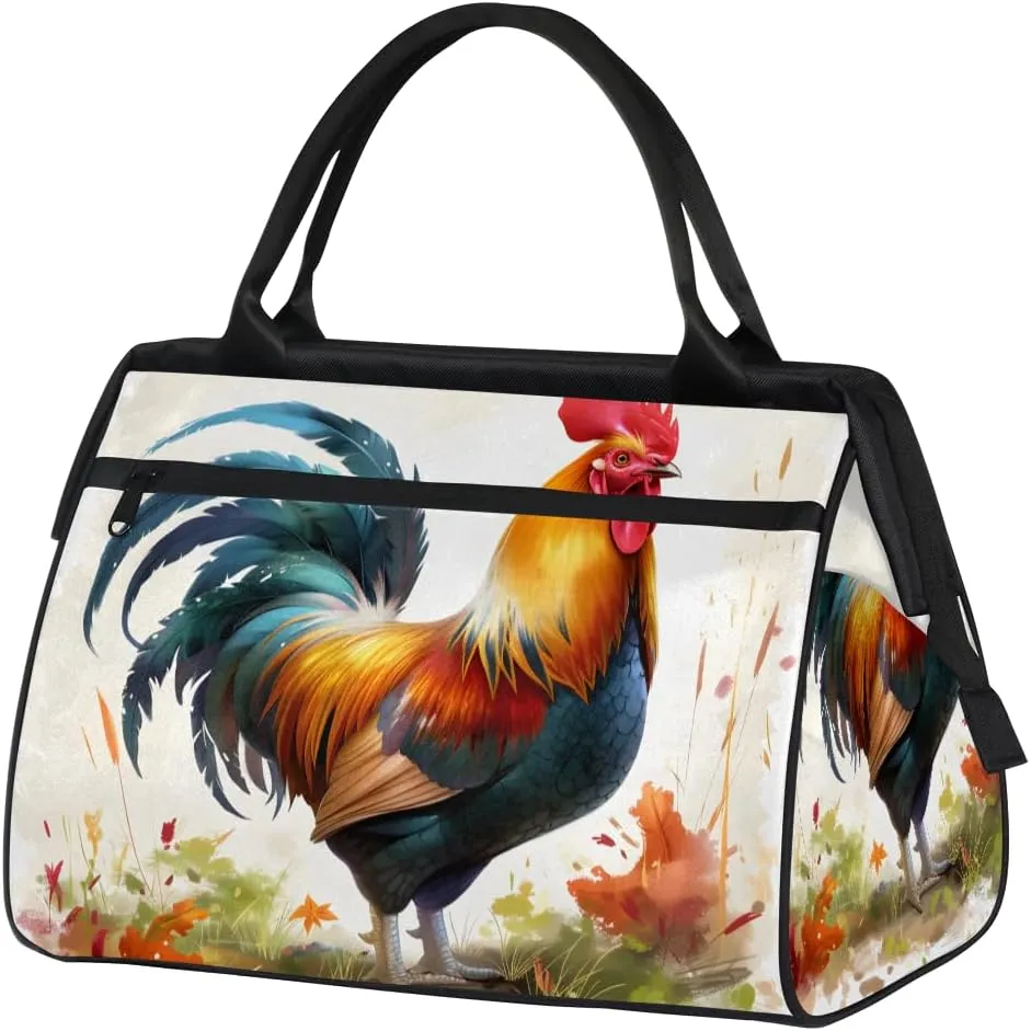 Colorful Flower Animal Rooster Weekender Overnight Bag for Women Waterproof Carry On Travel Duffle Bags with Pocket Lightweight Sports Gym Tote Bag Large Luggage Workout Personal Item Hospital Bags