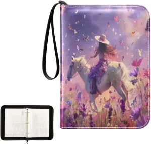 Colorful Flower Butterfly White Horse Card Binder 4 Pocket, Trading Card Holder Fits 400 Game Cards with 50 Removable Sleeves, MTG Card Case Standard Size