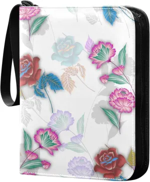 Colorful Flower Card Binder for Trading Cards, 4 Pocket with 50 Sleeves up to 400 Cards, Double Sided Pockets Card Holder Carry Case for Baseball Card, Football Card, Gaming Cards