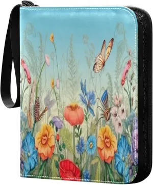 Colorful Flower Card Binder with 50 Removable Page Sleeves PU Leather Collectible Trading Card Albums Book with Zipper for Games Card,Baseball Cards