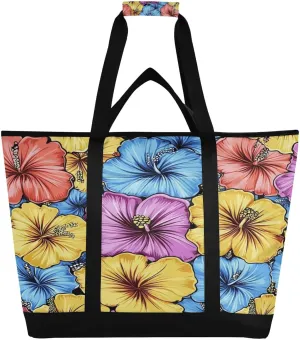 Colorful Flower Reusable Insulated Lunchbox Cooler Bag, Leakproof Kitchen Grocery Bag Collapsible Portable Cooler Tote Bag for Picnic, Camping, Office, Travel