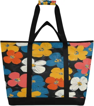 Colorful Flower Reusable Insulated Lunchbox Cooler Bag, Leakproof Kitchen Grocery Bag Collapsible Portable Cooler Tote Bag for Picnic, Camping, Office, Travel