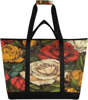 Colorful Flower Reusable Insulated Lunchbox Cooler Bag, Leakproof Kitchen Grocery Bag Collapsible Portable Cooler Tote Bag for Picnic, Camping, Office, Travel