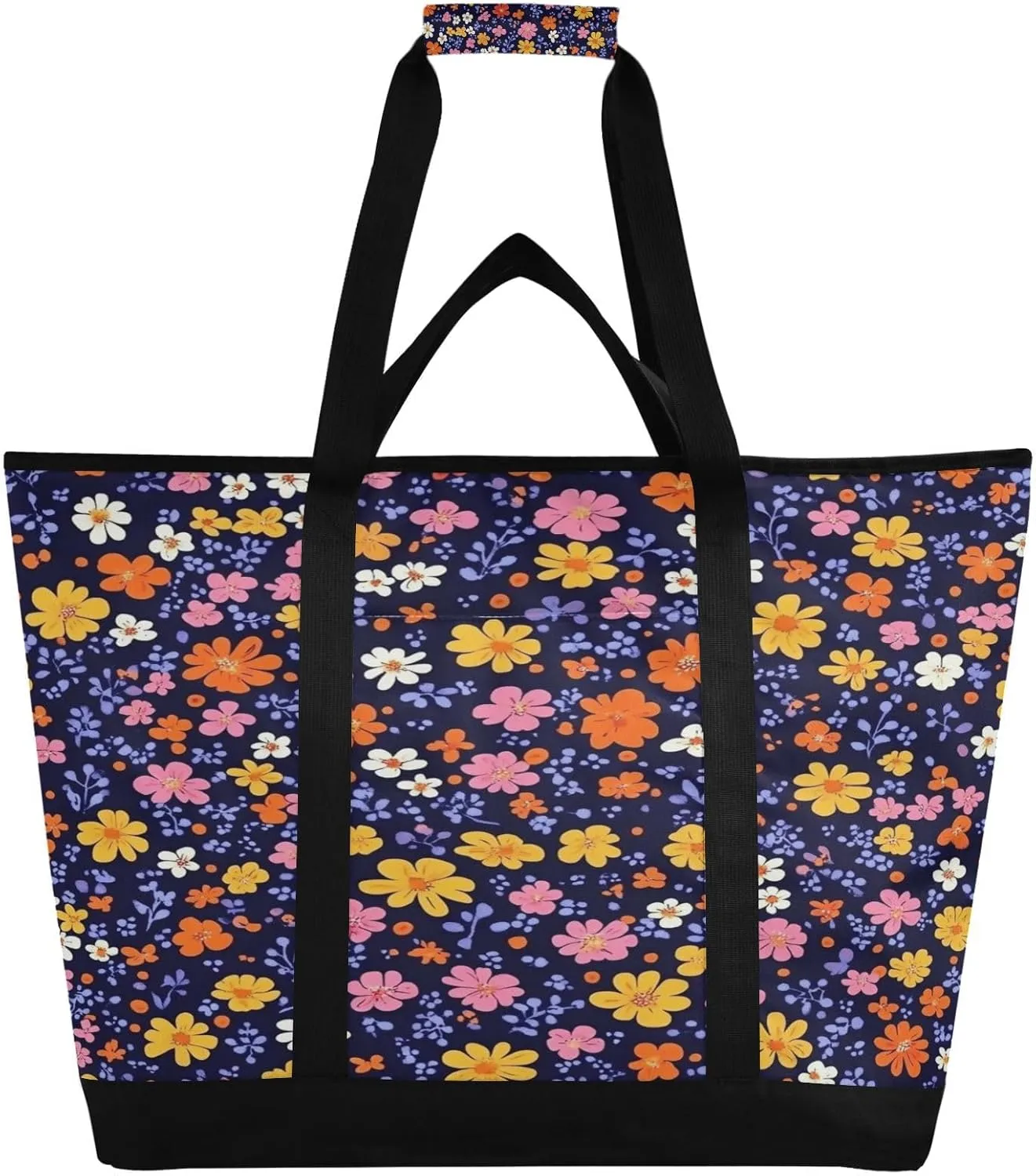 Colorful Flower Reusable Insulated Lunchbox Cooler Bag, Leakproof Kitchen Grocery Bag Collapsible Portable Cooler Tote Bag for Picnic, Camping, Office, Travel