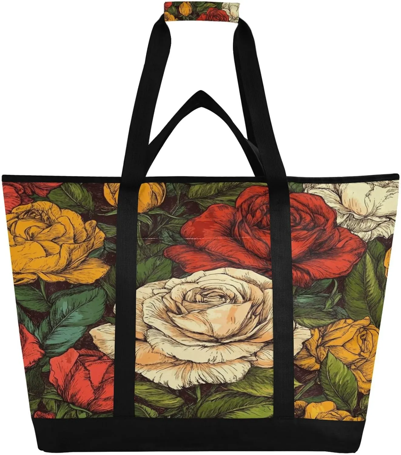 Colorful Flower Reusable Insulated Lunchbox Cooler Bag, Leakproof Kitchen Grocery Bag Collapsible Portable Cooler Tote Bag for Picnic, Camping, Office, Travel
