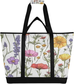 Colorful Flower Reusable Insulated Lunchbox Cooler Bag, Leakproof Kitchen Grocery Bag Collapsible Portable Cooler Tote Bag for Picnic, Camping, Office, Travel