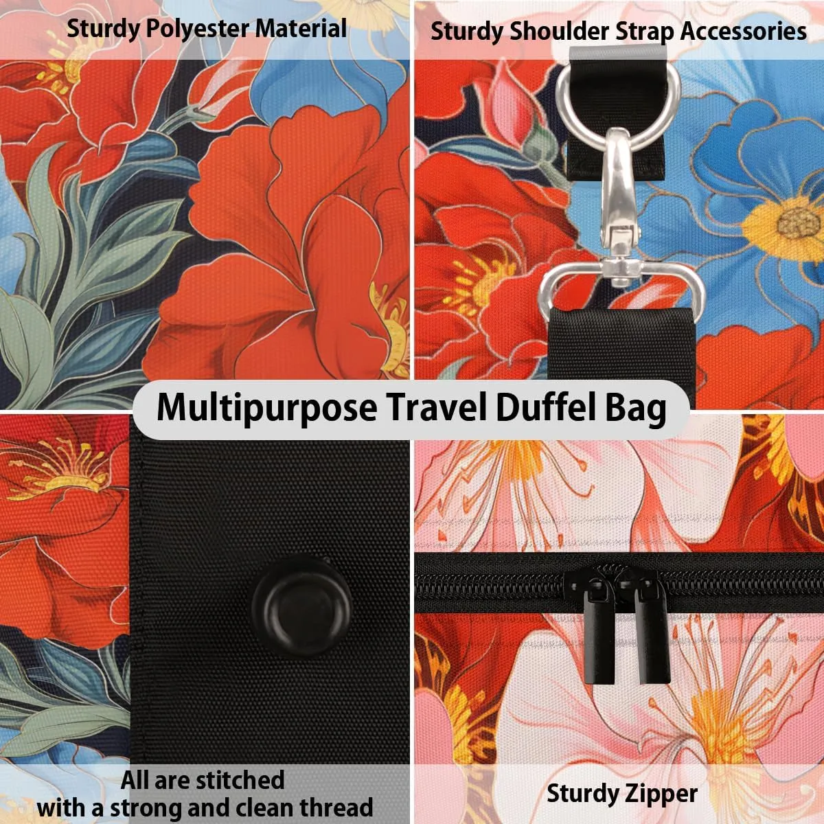 Colorful Flower Travel Duffle Bag for Women Men Gym Duffel Foldable Bag Waterproof Weekender Watercolor Floral Duffle Tote
