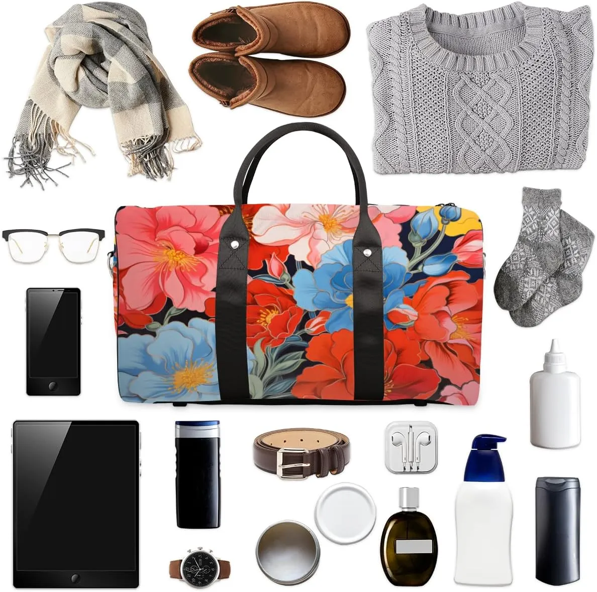 Colorful Flower Travel Duffle Bag for Women Men Gym Duffel Foldable Bag Waterproof Weekender Watercolor Floral Duffle Tote