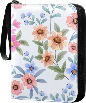 Colorful Flowers on Light Blue Card Binder for Trading Cards, 4 Pocket with 50 Sleeves up to 400 Cards, Double Sided Pockets Card Holder Carry Case for Baseball Card, Football Card, Gaming Cards