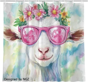 Colorful Goat Floral Shower Curtain, Cute Animal Flower Art Decorative Bath Curtain, 72 x 72 Inch Fabric Waterproof Bathroom Curtain with 12 Hooks