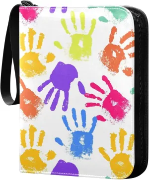Colorful Handprint Pattern Card Binder for Trading Cards, 4 Pocket with 50 Sleeves up to 400 Cards, Double Sided Pockets Card Holder Carry Case for Baseball Card, Football Card, Gaming Cards