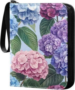 Colorful Hydrangea Card Binder for Trading Cards, 4 Pocket with 50 Sleeves up to 400 Cards, Double Sided Pockets Card Holder Carry Case for Baseball Card, Football Card, Gaming Cards