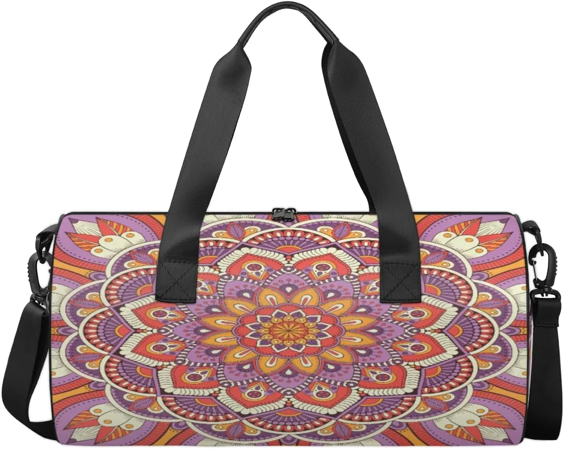 Colorful Indian Tribe Flower Mandala Sports Duffel Bag, Gym Tote Bag Waterproof Weekender Travel Bag for Overnight Travel Luggage Workout Women Men