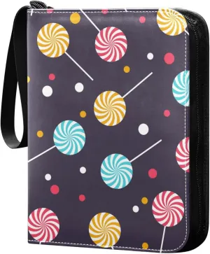 Colorful Lollipops Pattern Card Binder for Trading Cards, 4 Pocket with 50 Sleeves up to 400 Cards, Double Sided Pockets Card Holder Carry Case for Baseball Card, Football Card, Gaming Cards