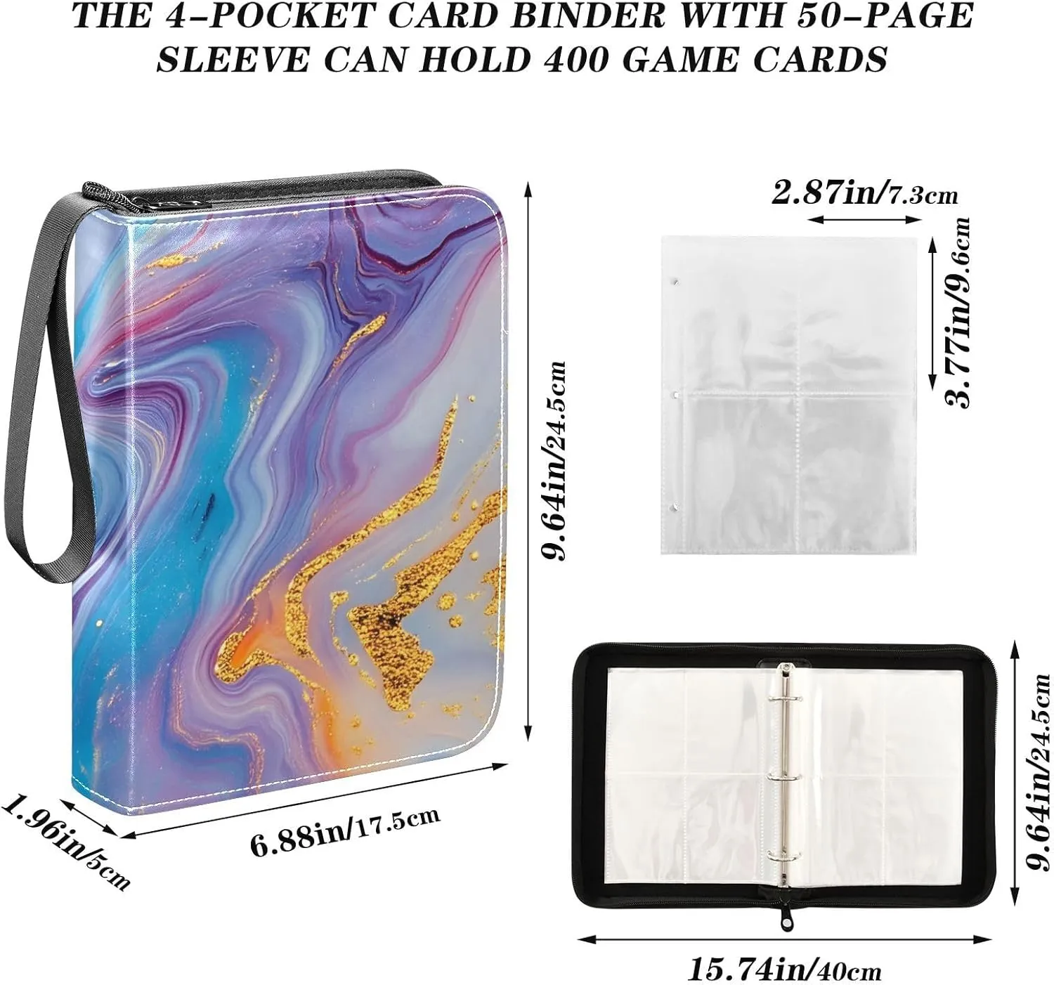 Colorful Marble Purple Trading Card Binders Card Holder Protectors Set Fits 400 Cards With 50 Removable Sleeves