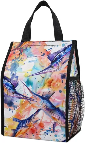 Colorful Marlin Sailfish Watercolor Foldable Insulated Lunch Bag Portable Lunch Tote Cooler Bags with Pockets for Work Picnic Outdoor