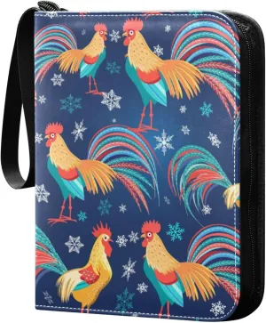 Colorful Pattern with Roosters Card Binder for Trading Cards, 4 Pocket with 50 Sleeves up to 400 Cards, Double Sided Pockets Card Holder Carry Case for Baseball Card, Football Card, Gaming Cards
