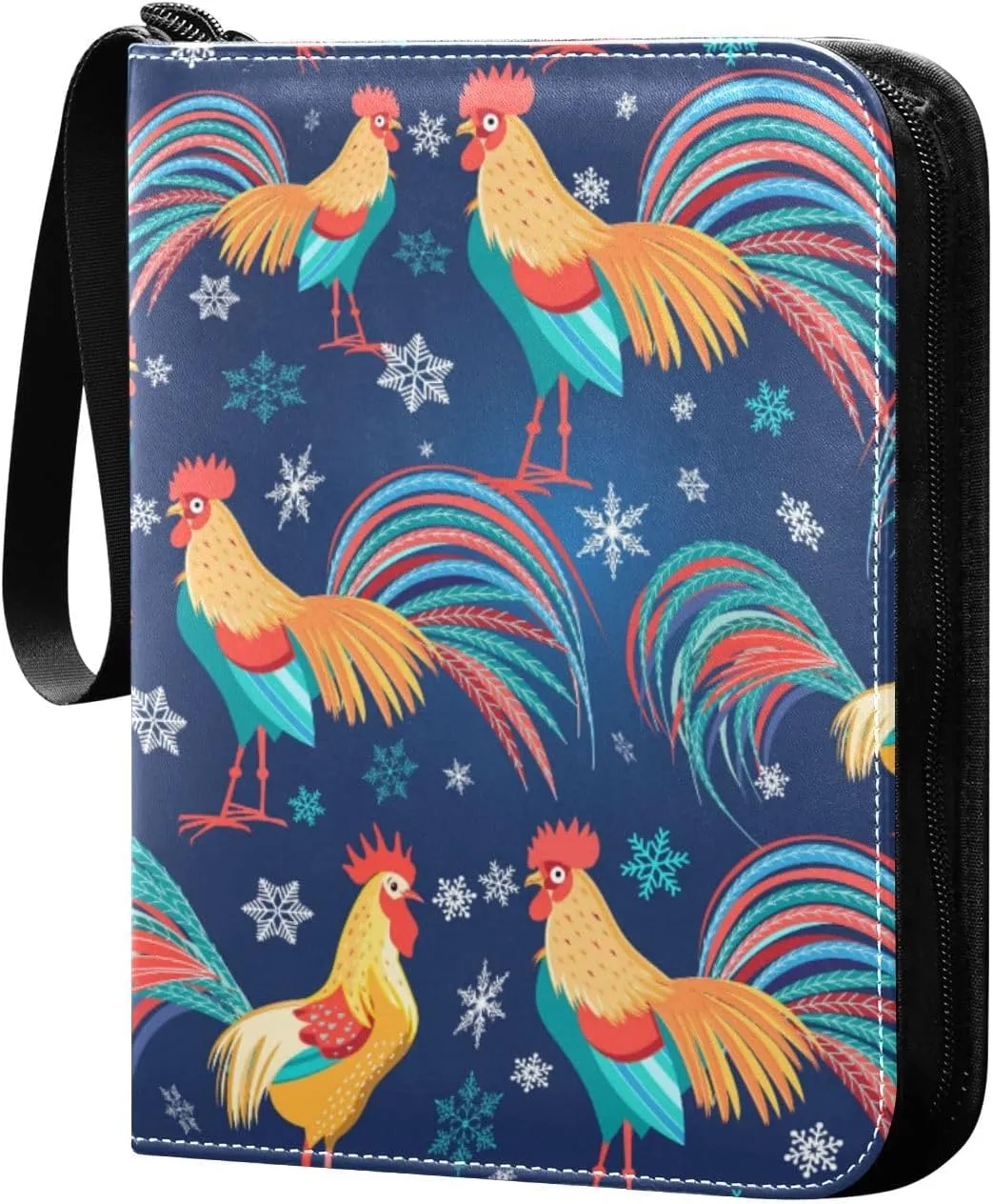 Colorful Pattern with Roosters Card Binder for Trading Cards, 4 Pocket with 50 Sleeves up to 400 Cards, Double Sided Pockets Card Holder Carry Case for Baseball Card, Football Card, Gaming Cards