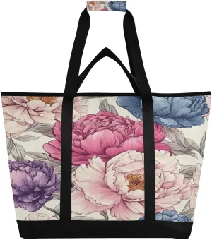 Colorful Peony Reusable Insulated Lunchbox Cooler Bag, Leakproof Kitchen Grocery Bag Collapsible Portable Cooler Tote Bag for Picnic, Camping, Office, Travel