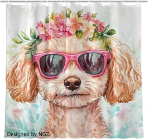 Colorful Poodle Floral Shower Curtain, Cute Animal Flower Art Decorative Bath Curtain, 72 x 72 Inch Fabric Waterproof Bathroom Curtain with 12 Hooks