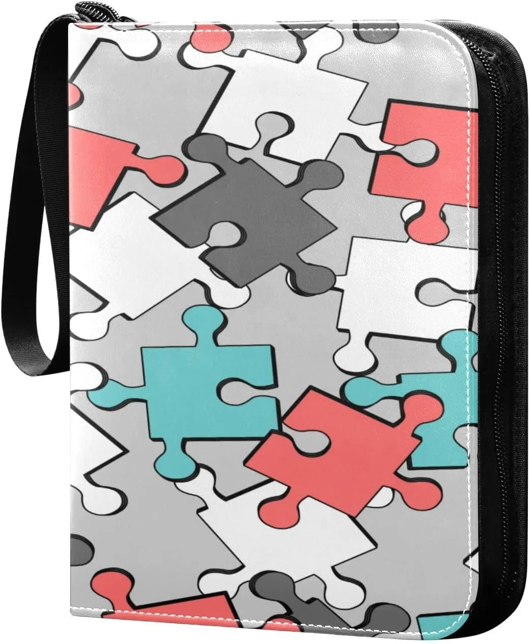 Colorful Puzzle Pattern Card Binder for Trading Cards, 4 Pocket with 50 Sleeves up to 400 Cards, Double Sided Pockets Card Holder Carry Case for Baseball Card, Football Card, Gaming Cards